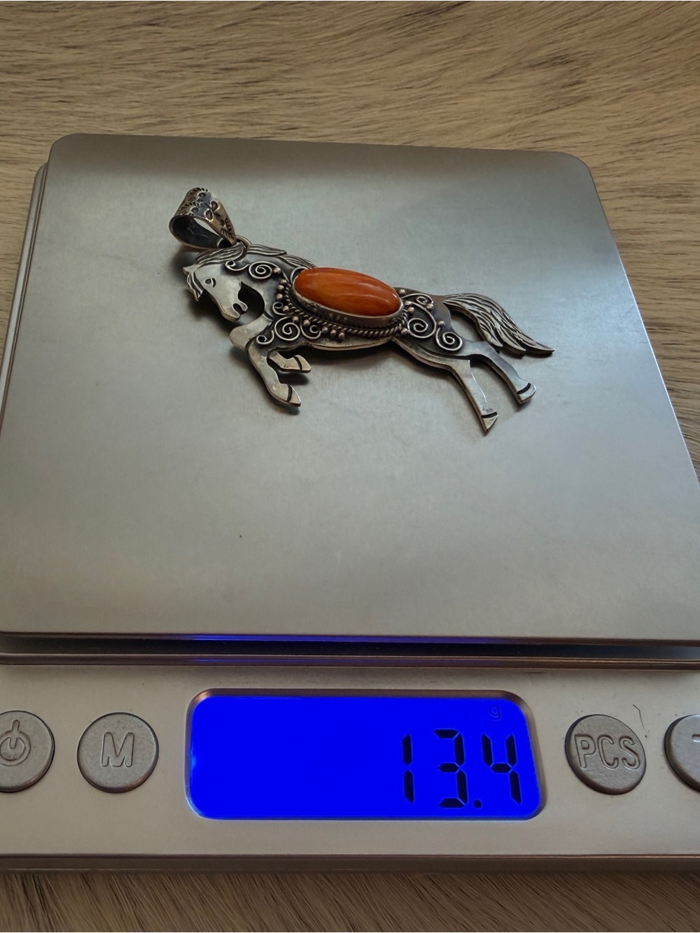 ❤️ Orange Spiny Oyster 925 Hand Stamped Statement Rearing Horse Pendant 2.46”L - Picture 10 of 16